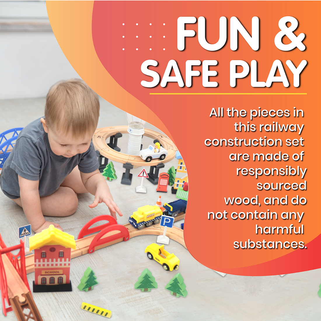 Railway City Set 100-Piece Wooden Train & Building Block Kit for Kids 3+