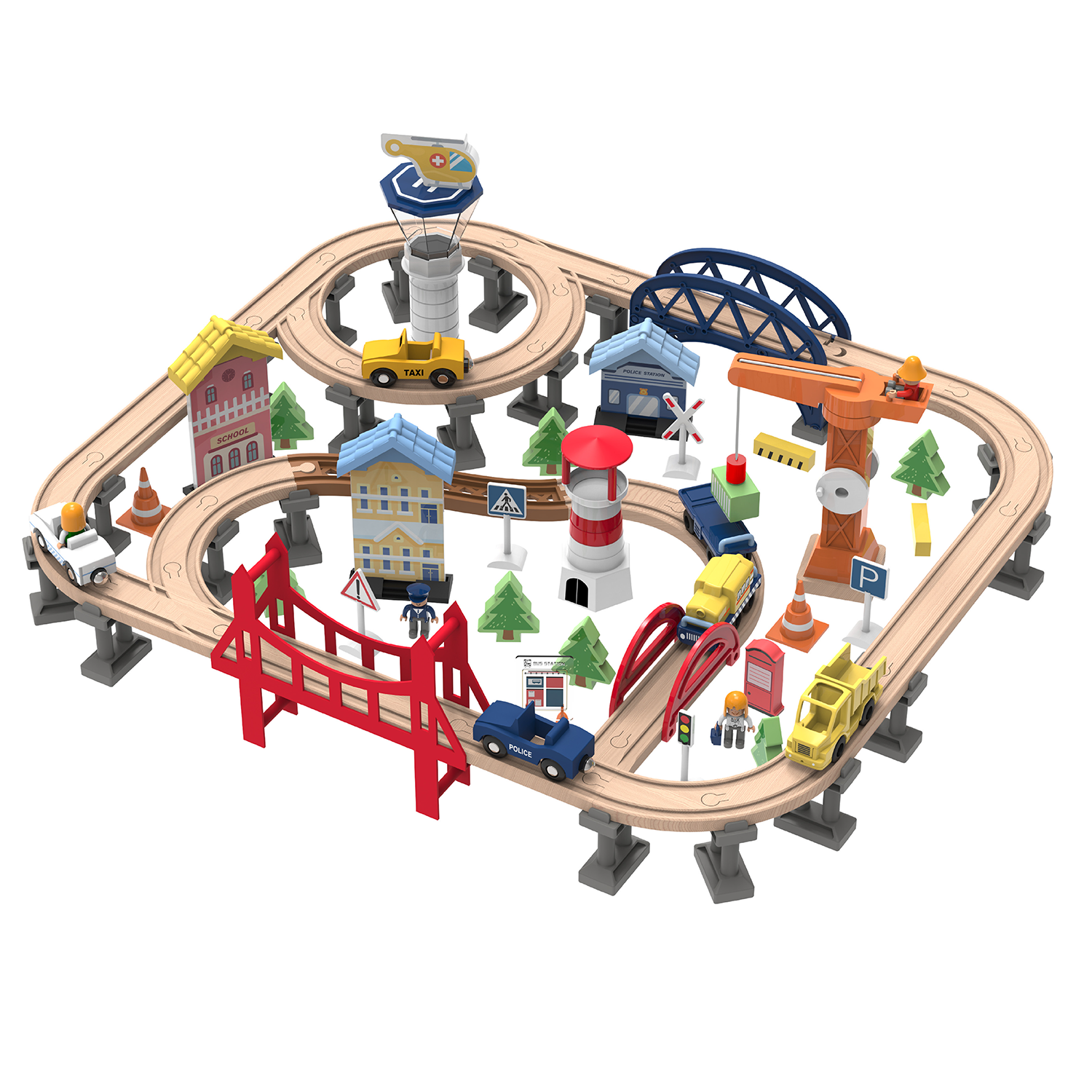 Railway City Set 100-Piece Wooden Train & Building Block Kit for Kids 3+