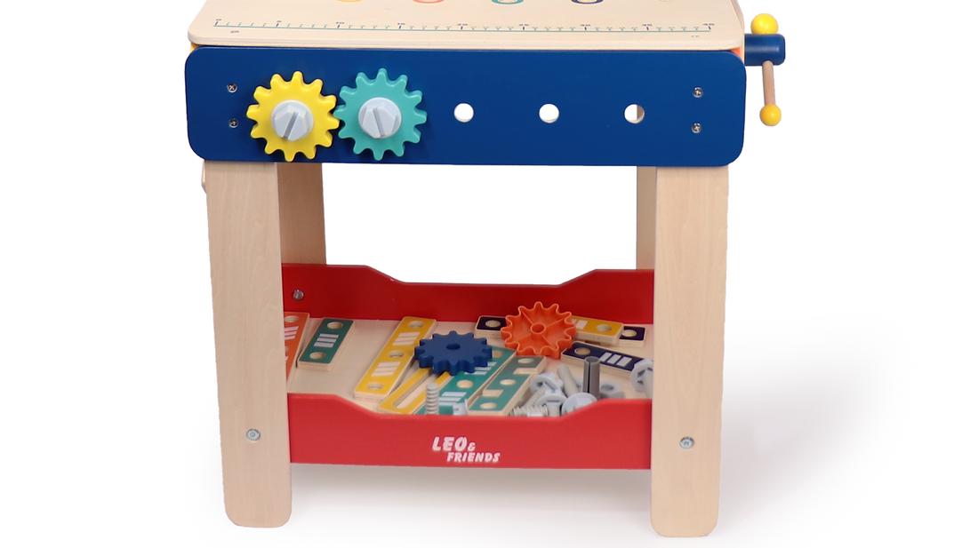 Master Workbench Adjustable Wooden Tool Bench with Play Tools for Kids 3+