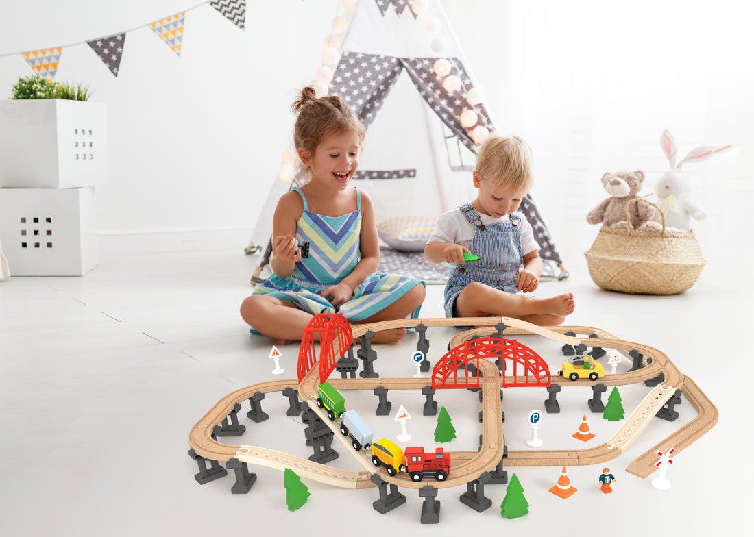 Wooden Railway Bridge Set 107-Piece Toy Car Playset