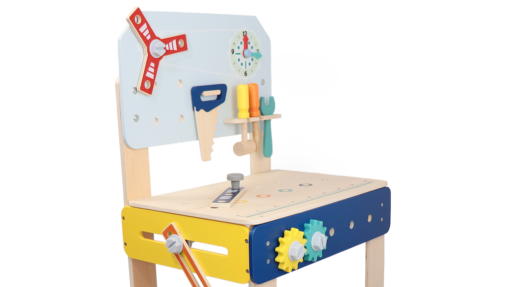 Master Workbench Adjustable Wooden Tool Bench with Play Tools for Kids 3+