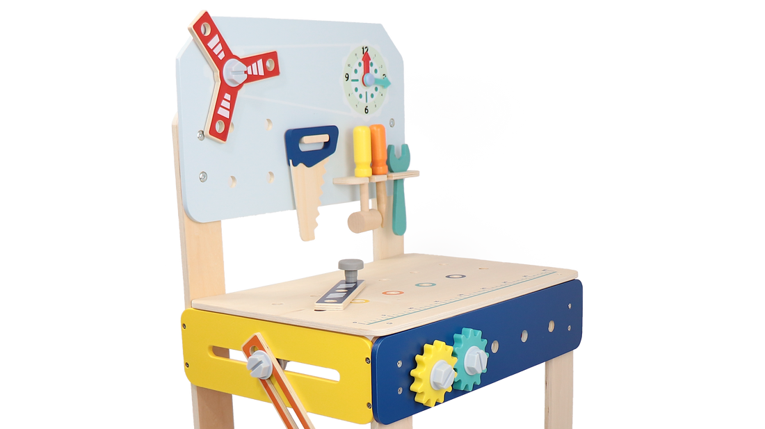Master Workbench Adjustable Wooden Tool Bench with Play Tools for Kids 3+