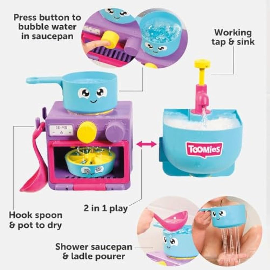 Toomies E73264 Bubble & Bake Bathtime, Bath Toddlers, Kitchen Themed Bubble Making Toy, 2 in 1 Set, Kids Water Play Suitable for 18 M & 2 3 & 4 Year Old Boys & Girls, Multicoloured, 21 X 28 X 15 cm