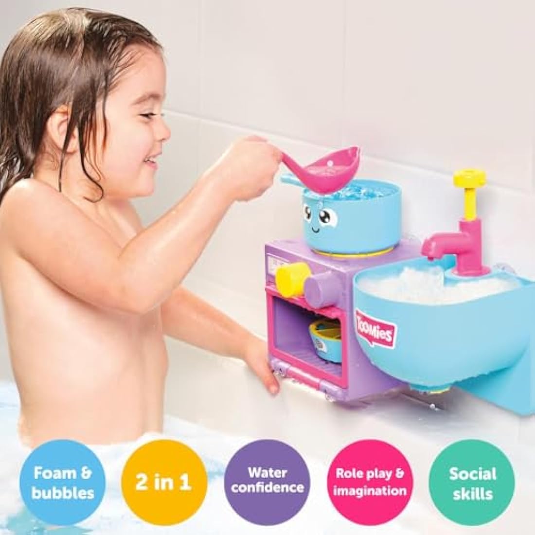 Toomies E73264 Bubble & Bake Bathtime, Bath Toddlers, Kitchen Themed Bubble Making Toy, 2 in 1 Set, Kids Water Play Suitable for 18 M & 2 3 & 4 Year Old Boys & Girls, Multicoloured, 21 X 28 X 15 cm