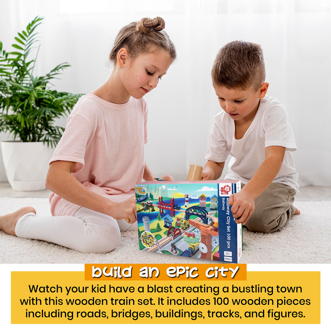 Railway City Set 100-Piece Wooden Train & Building Block Kit for Kids 3+