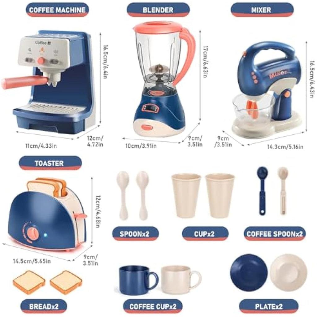 Pretend Play Kitchen Appliances Toy Set with Coffee Maker Machine,Blender, Mixer and Toaster with Realistic Light and Sounds for Kids Ages 3+