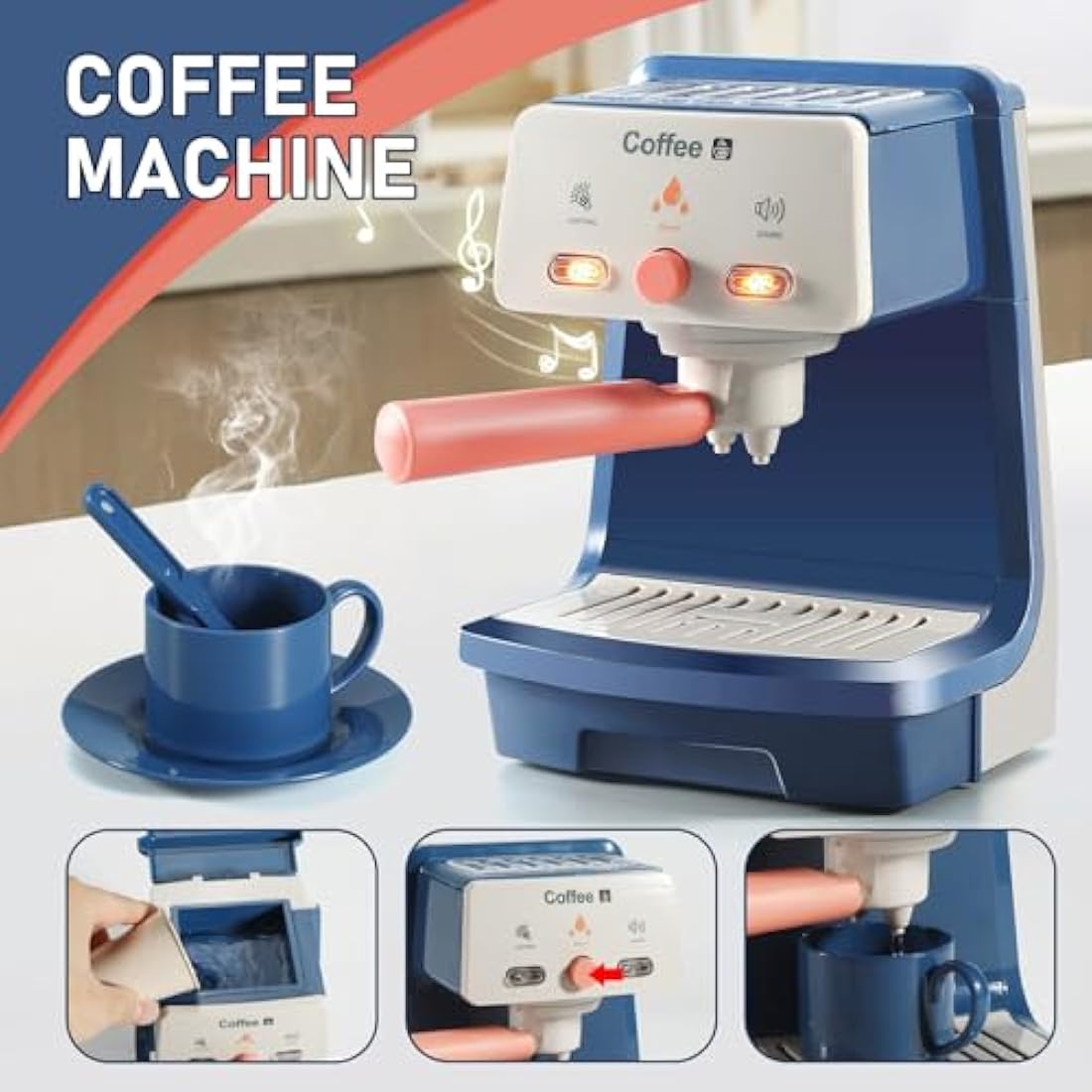 Pretend Play Kitchen Appliances Toy Set with Coffee Maker Machine,Blender, Mixer and Toaster with Realistic Light and Sounds for Kids Ages 3+