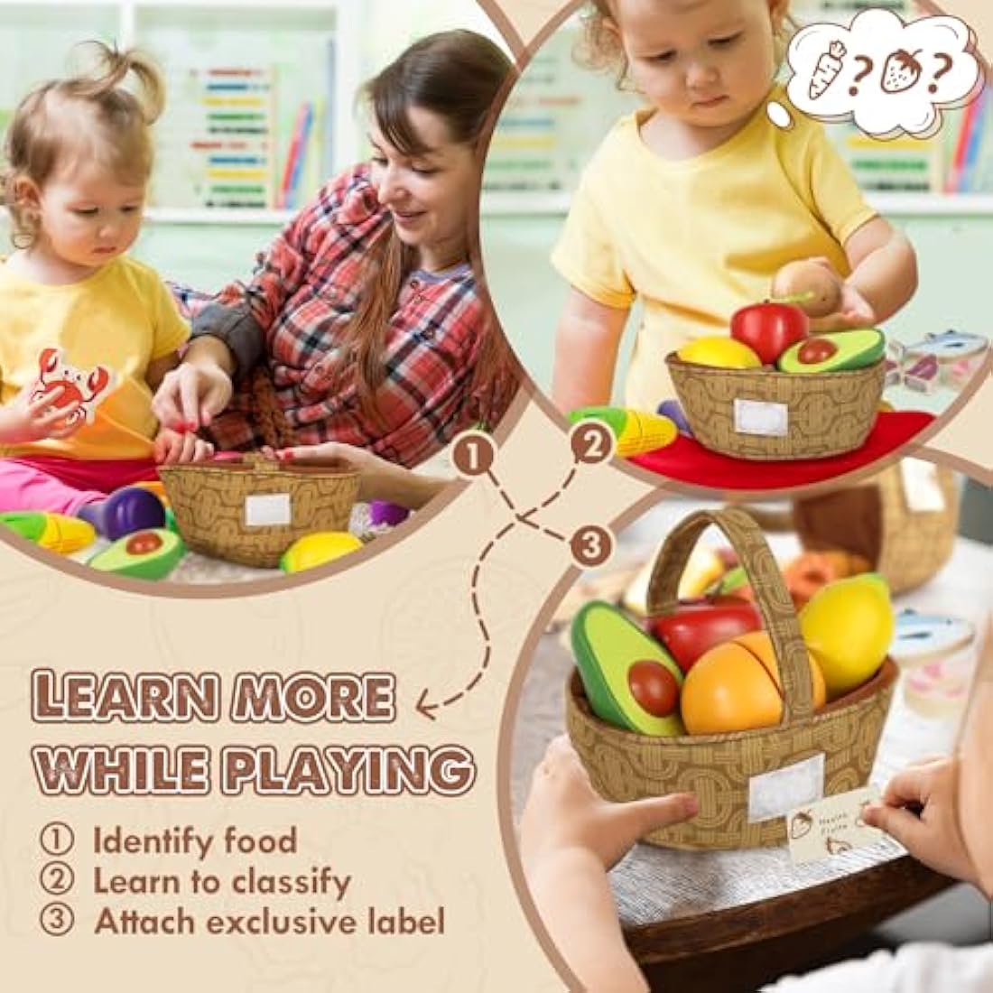 Lehoo Castle Wooden Play Food, Toy Food for 3 Year Old Girl Gifts, Food Groups with 4 Fabric Baskets, Toy Food Set for Kids Kitchen, Play Kitchen Accessories for Boy or Girl 3+