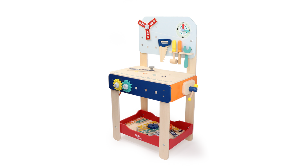 Master Workbench Adjustable Wooden Tool Bench with Play Tools for Kids 3+