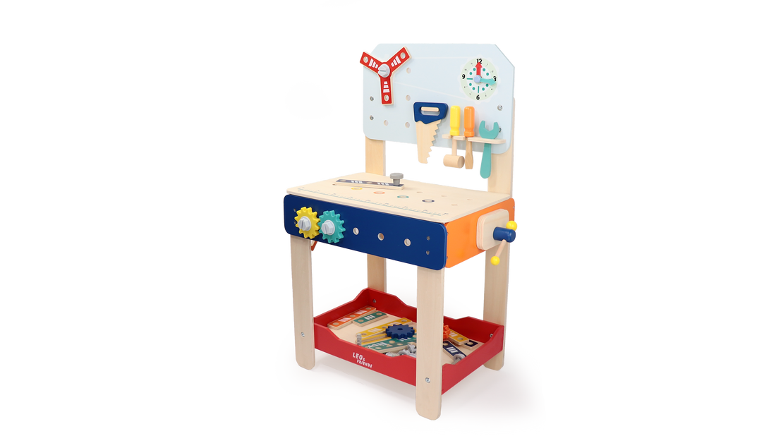 Master Workbench Adjustable Wooden Tool Bench with Play Tools for Kids 3+