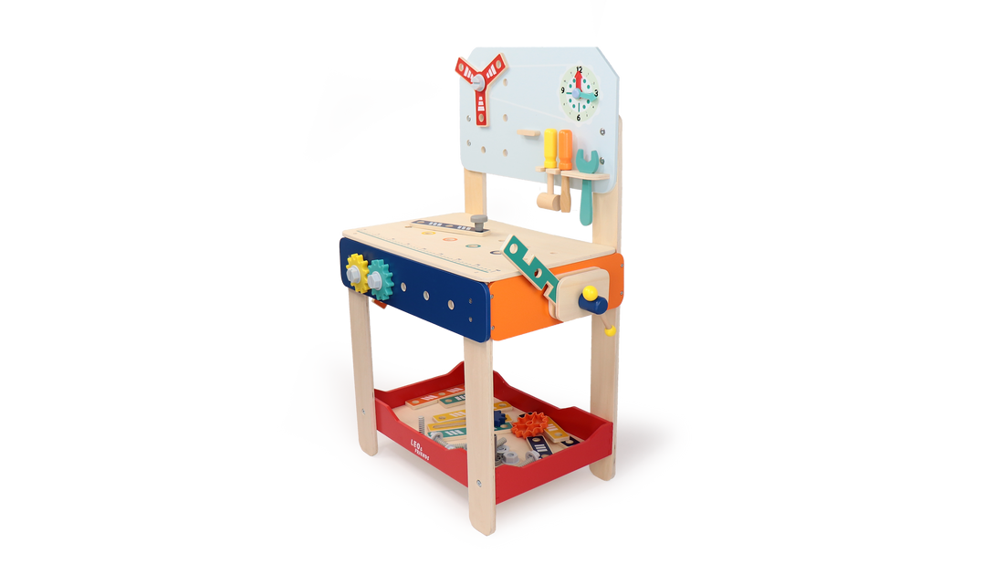 Master Workbench Adjustable Wooden Tool Bench with Play Tools for Kids 3+