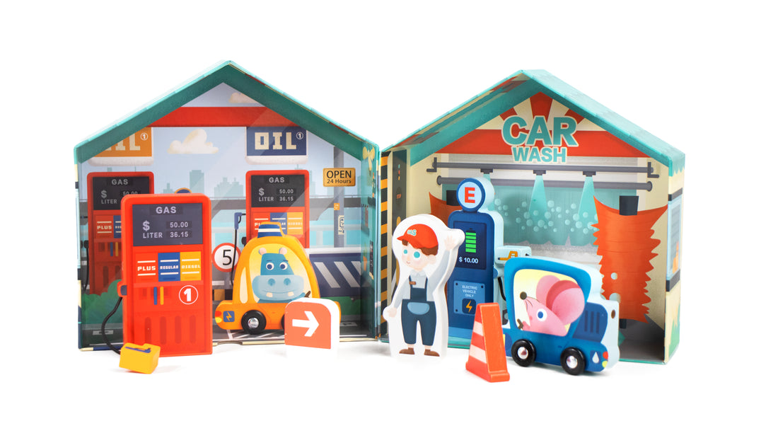 City Gas Station 10-Piece Wooden Pretend Play Set for Kids 3+