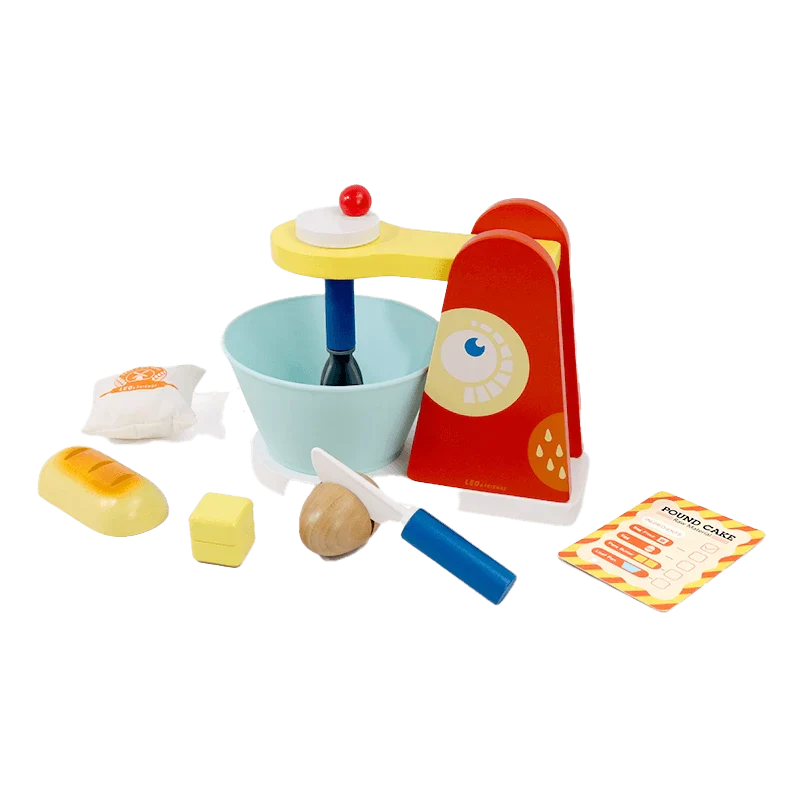 Wooden Mixer Set 9-Piece Make-A-Cake Kit with Hand Crank