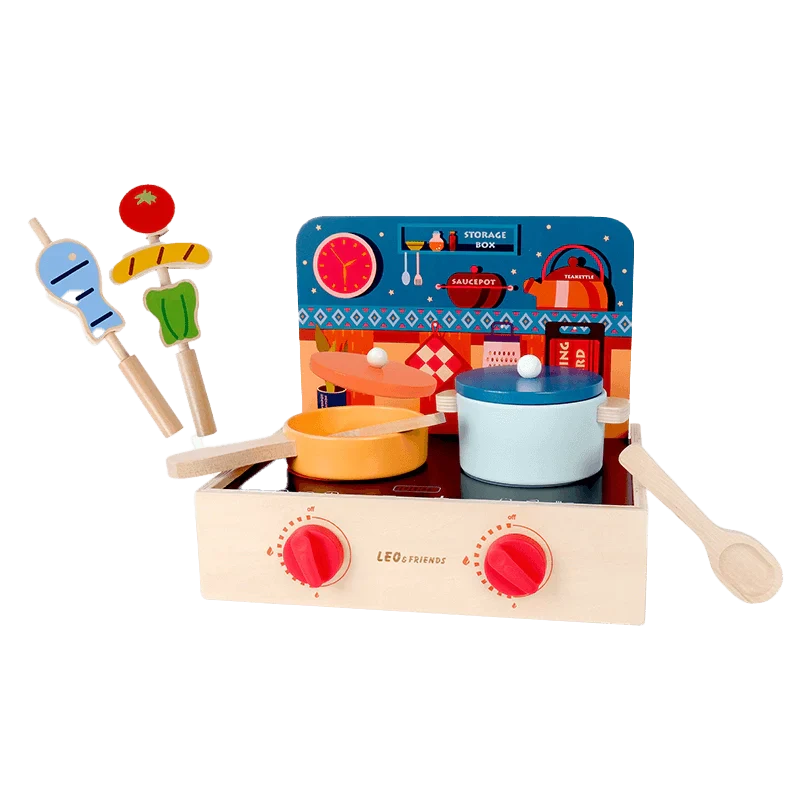 2-in-1 Mini Kitchen Wooden Play Set 15-Piece Pretend Cooking Kit for Kids 24M+