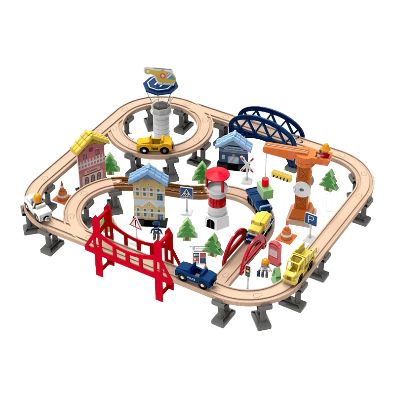 Railway City Set 100-Piece Wooden Train & Building Block Kit for Kids 3+