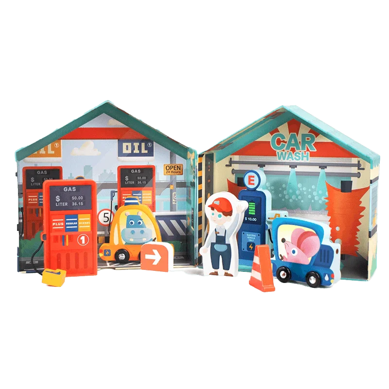 City Gas Station 10-Piece Wooden Pretend Play Set for Kids 3+