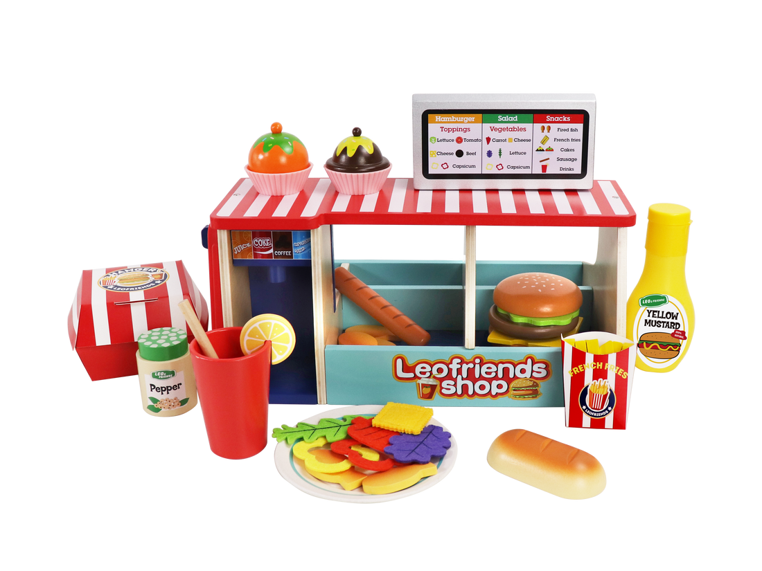 40-Piece Wooden Play Food Set Snack Shop with Drink Dispenser Ages 3+