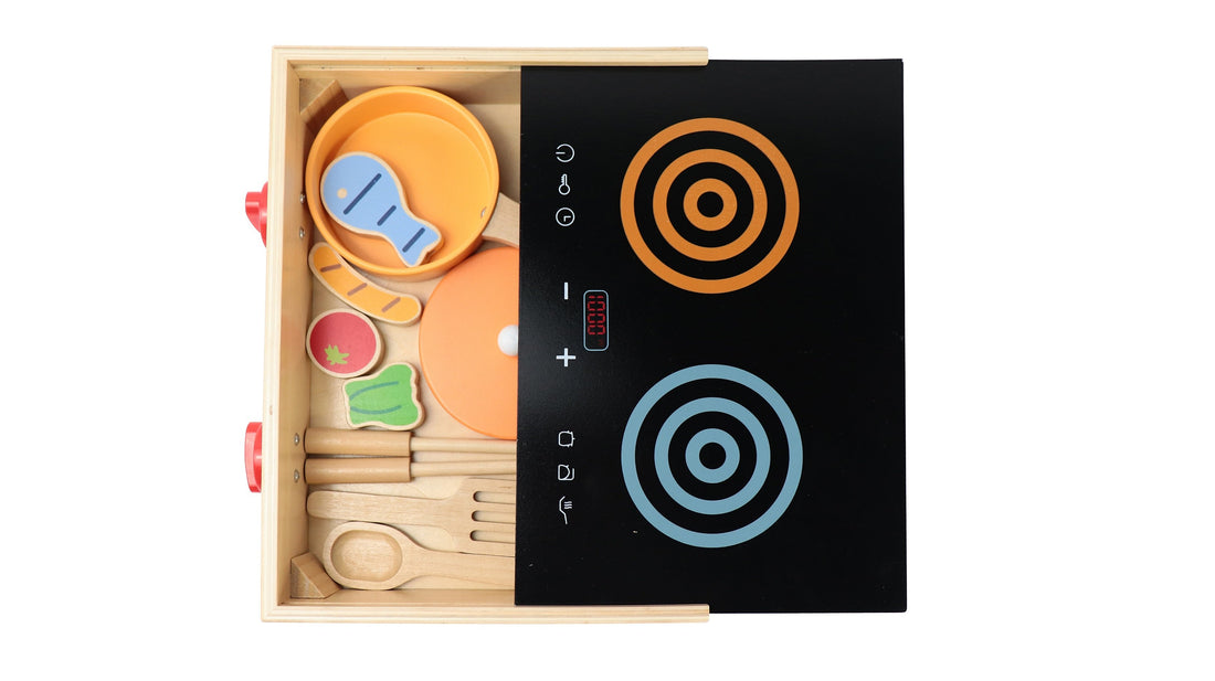 2-in-1 Mini Kitchen Wooden Play Set 15-Piece Pretend Cooking Kit for Kids 24M+