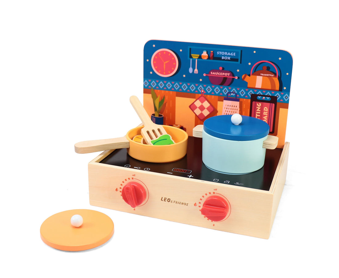 2-in-1 Mini Kitchen Wooden Play Set 15-Piece Pretend Cooking Kit for Kids 24M+